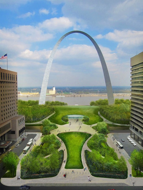 2012 rendering of Luther Ely Square extended over the highway, leading to the future Arch/museum entrance