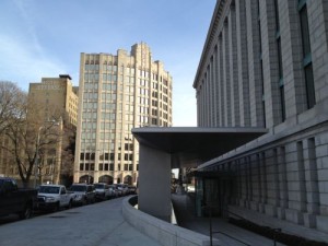 Locust Street entry to the Central Library, with the Shell Building in the background