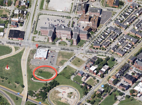 The circle indicates the location where the new store is being built