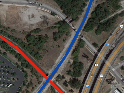 I could see locating a new station in the space between MetroLink (red), the tracks (blue) the highway and Riverpark Dr