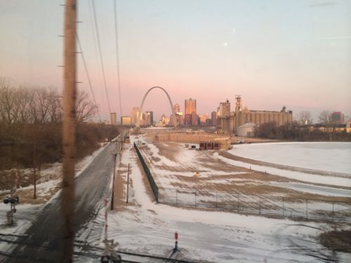 The St. Louis skyline in the background, the Malcolm Martin Memorial park in the foreground as seen from Amtrak last month